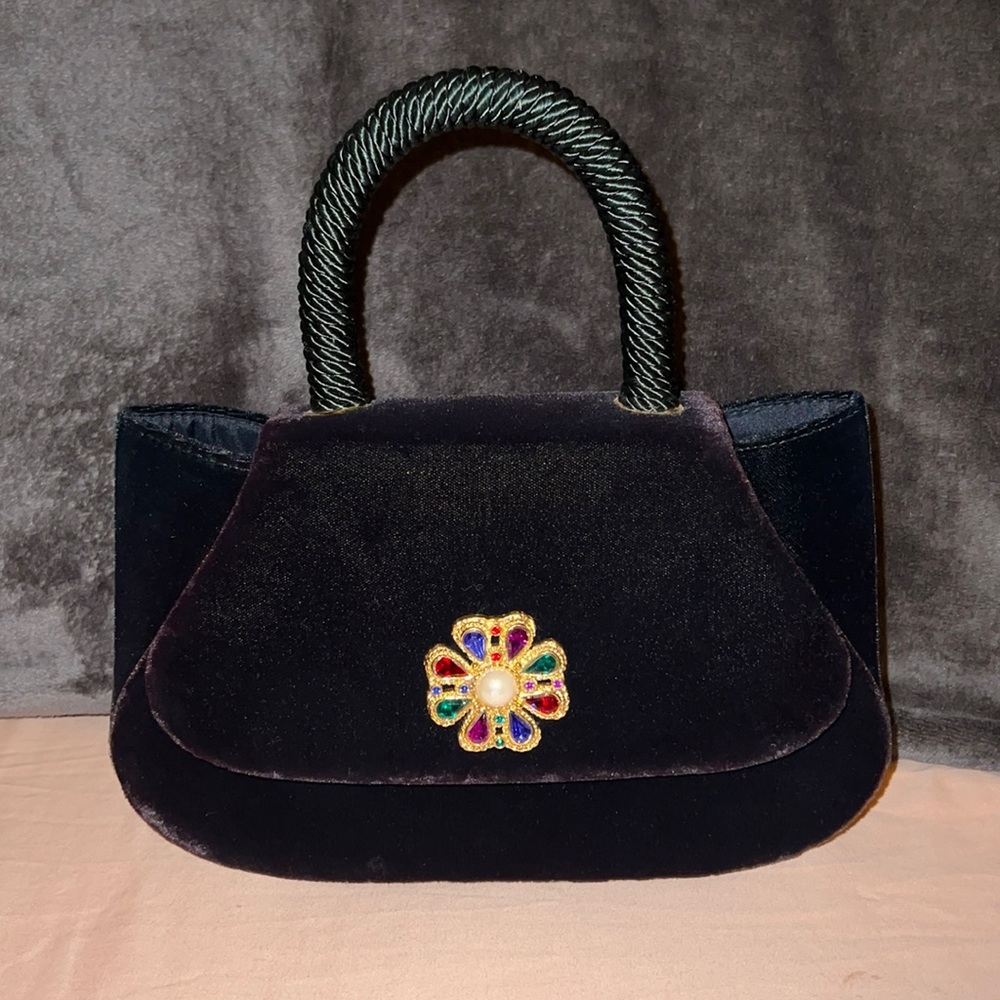 Vintage Black Velvet 2-Way Embellished Brooch Charm Structured Handbag